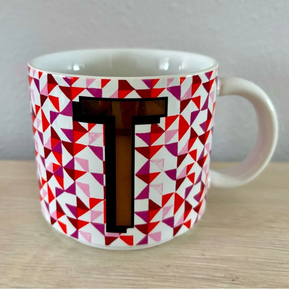 West Elm Initial T Coffee Mug Monogram Tile Metallic Accent Cup Gold